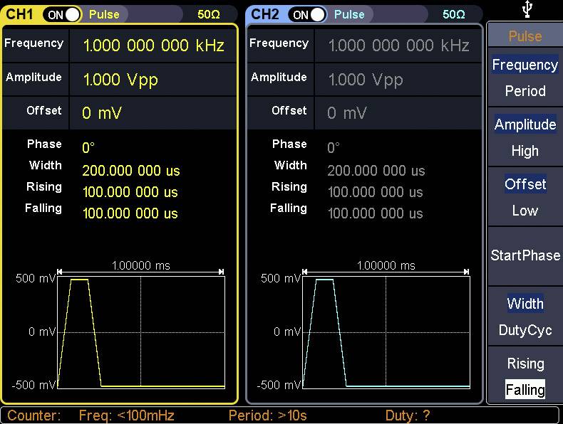 Due canali dell'oscilloscopio mostrano segnali rettangolari. CH1: Frequenza 1 kHz, Ampiezza 1 Vpp. CH2: Stesso segnale di CH1.