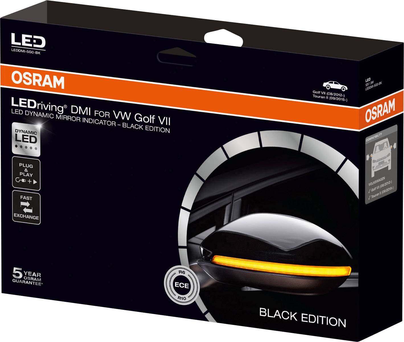 Confezione di uno specchio LED dinamico per VW Golf VII, edizione nera di OSRAM. Mostra illustrazione e specifiche tecniche del prodotto.