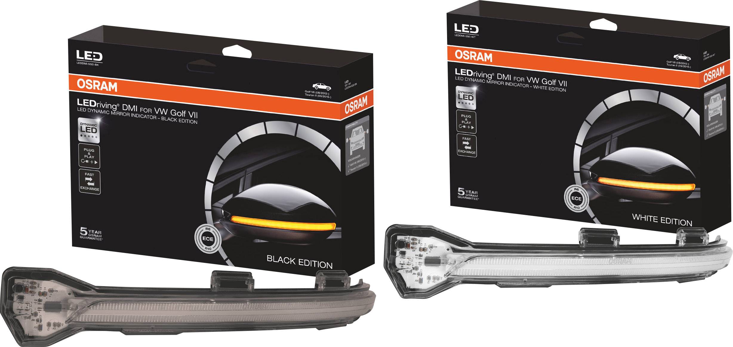 'Due scatole di luci diurne LED OSRAM per VW Golf VII, una in nero, l'altra in bianco, con immagine del rispettivo faro.'