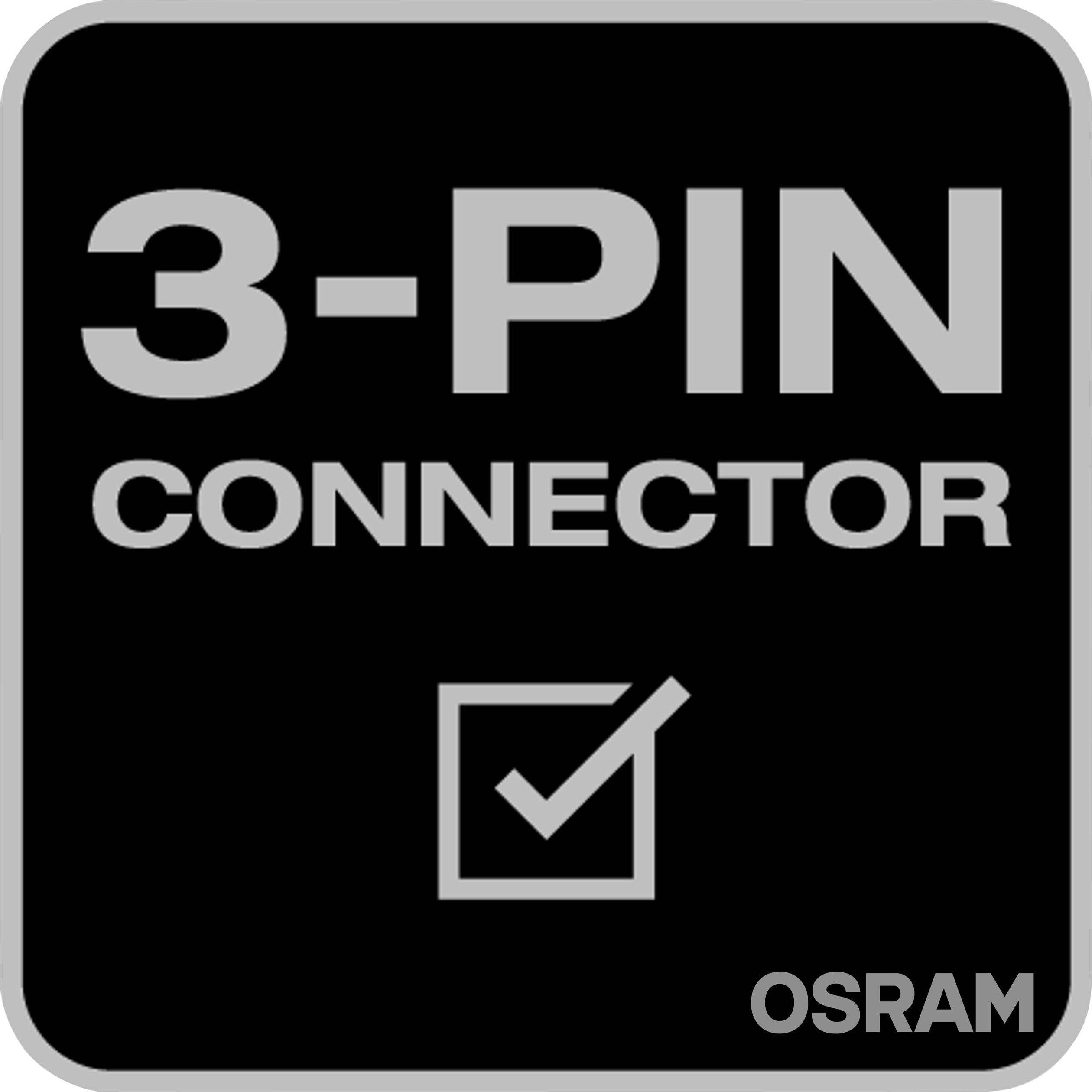 Etichetta "Connettore a 3 Pin" su sfondo nero con simbolo di spunta bianco e logo OSRAM in basso a destra.