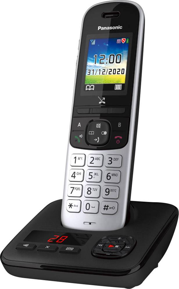 Telefono cordless con stazione base, display digitale che mostra l'ora e la data, con un'icona della segreteria telefonica sulla stazione base.