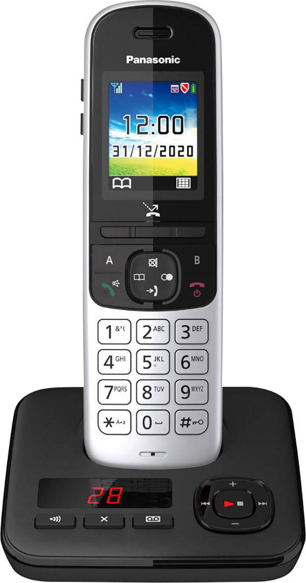 Un telefono cordless su una stazione base. Il display mostra la data '31/12/2020'. Sulla base è illuminato il numero 28 in rosso.