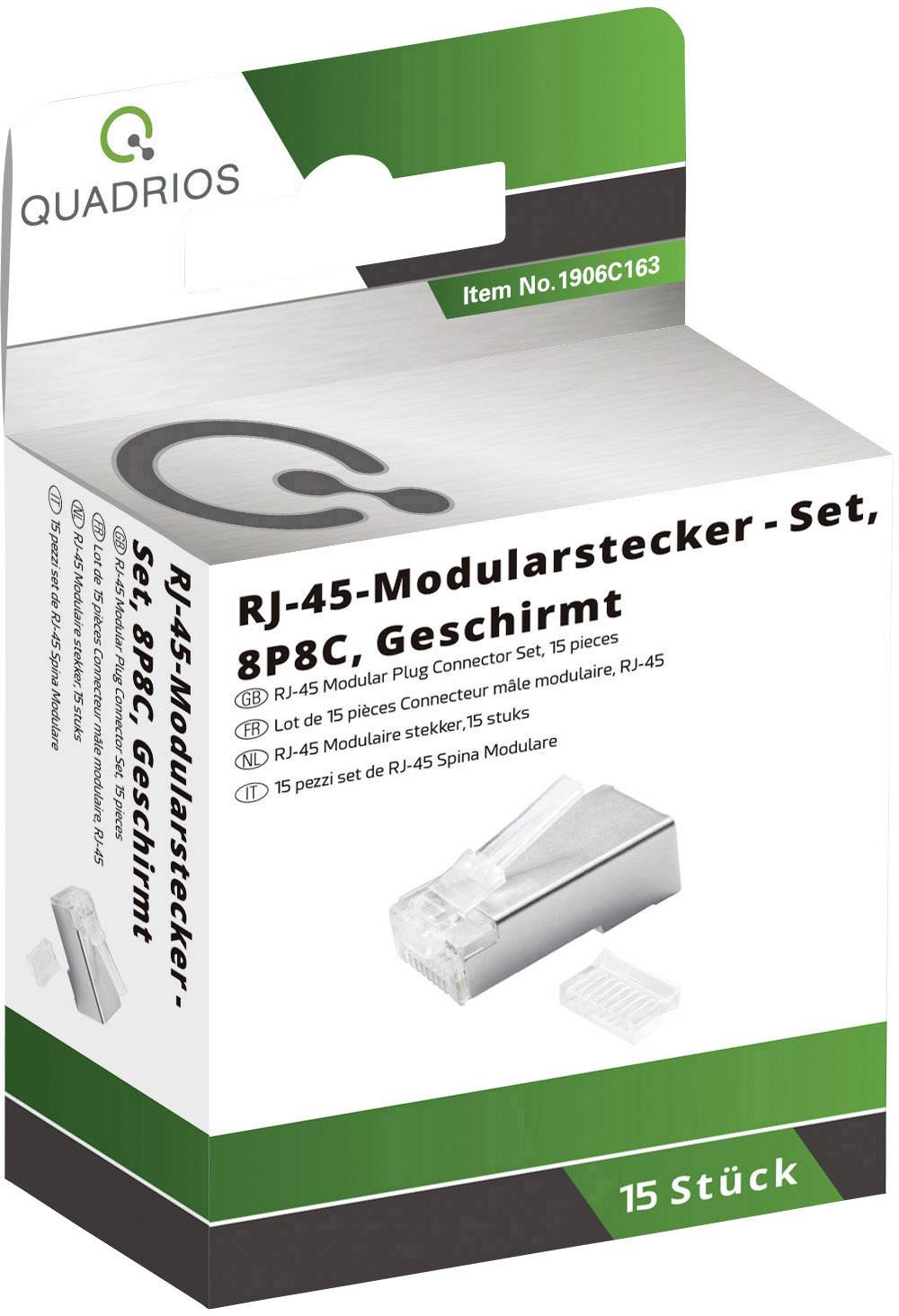 'Quadrio' Set di connettori modulari RJ-45, 8P8C schermati, in confezione di cartone, 15 pezzi. Codice EAN 4260718575869 e codice articolo 1906C163.