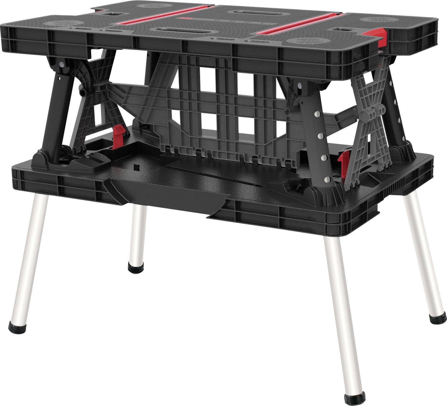 Un tavolo da lavoro nero pieghevole con accenti rossi e gambe argentate, ideale per lavori di officina.
