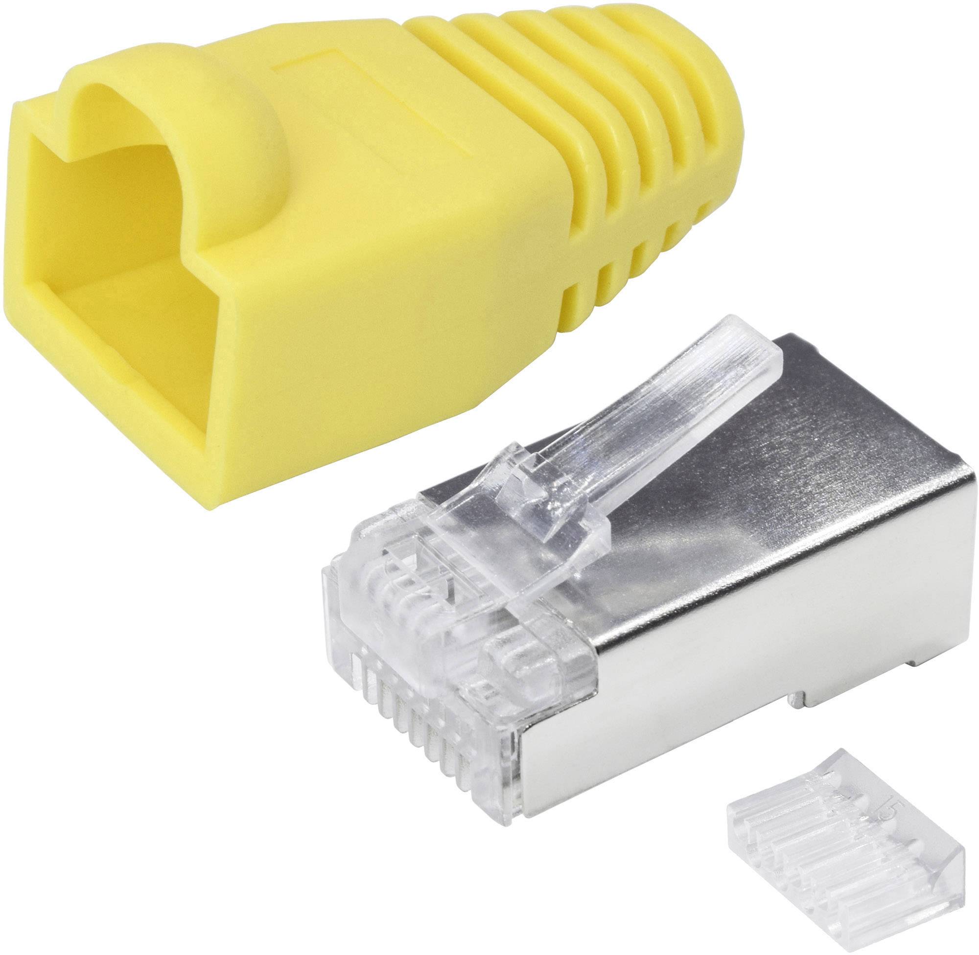 Spina RJ45 gialla e connettore modulare argentato con guaine. Vengono utilizzati per connessioni di rete.