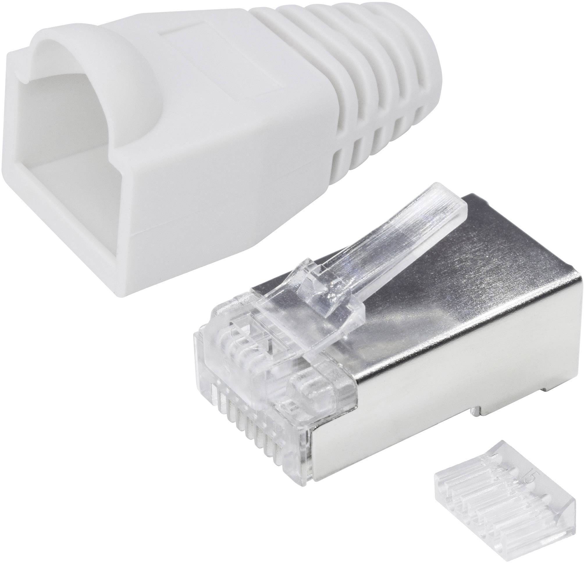 Un connettore RJ45 o connettore Ethernet con un involucro protettivo bianco e due parti del connettore, utilizzato per cavi di rete.