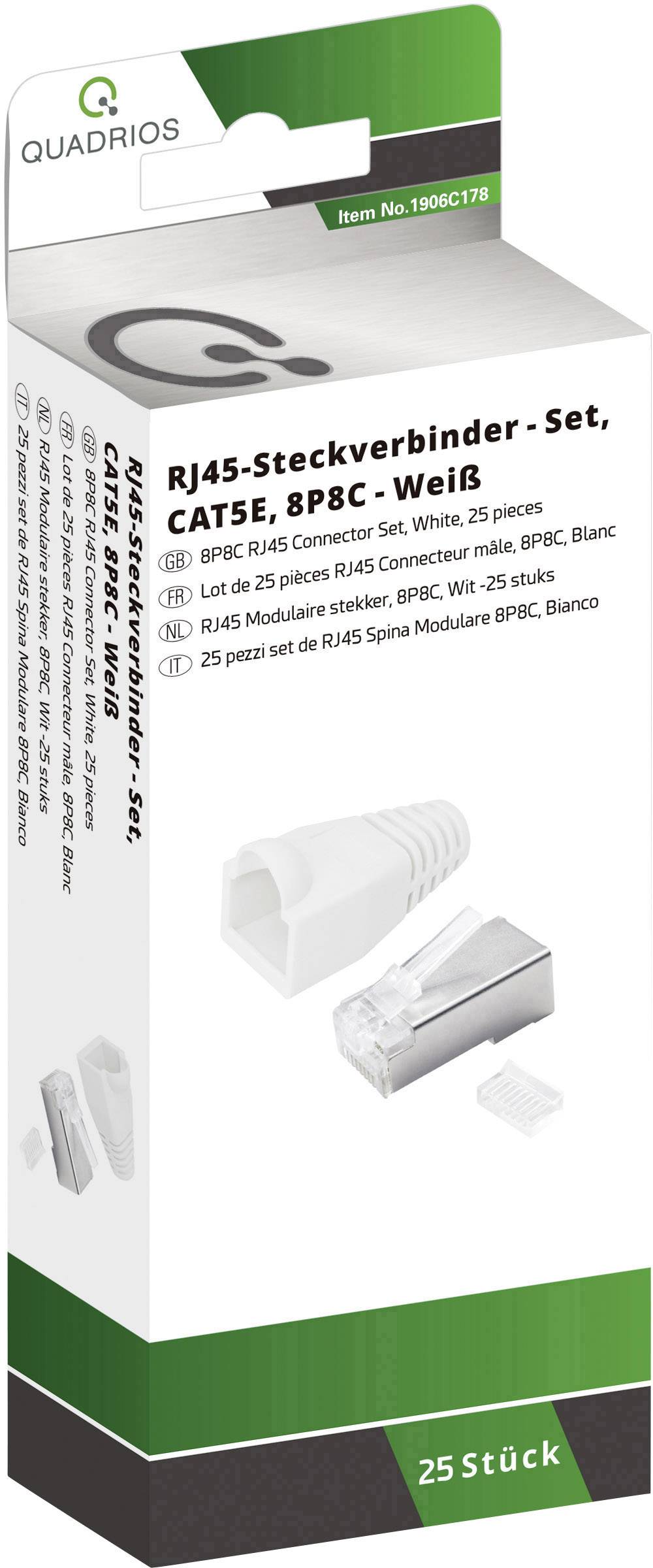'Set connettori RJ45, CAT5E, 8P8C, Bianco, 25 pezzi' sulla confezione. Mostra il connettore e l'illustrazione del contenuto. Nome del marchio visibile.