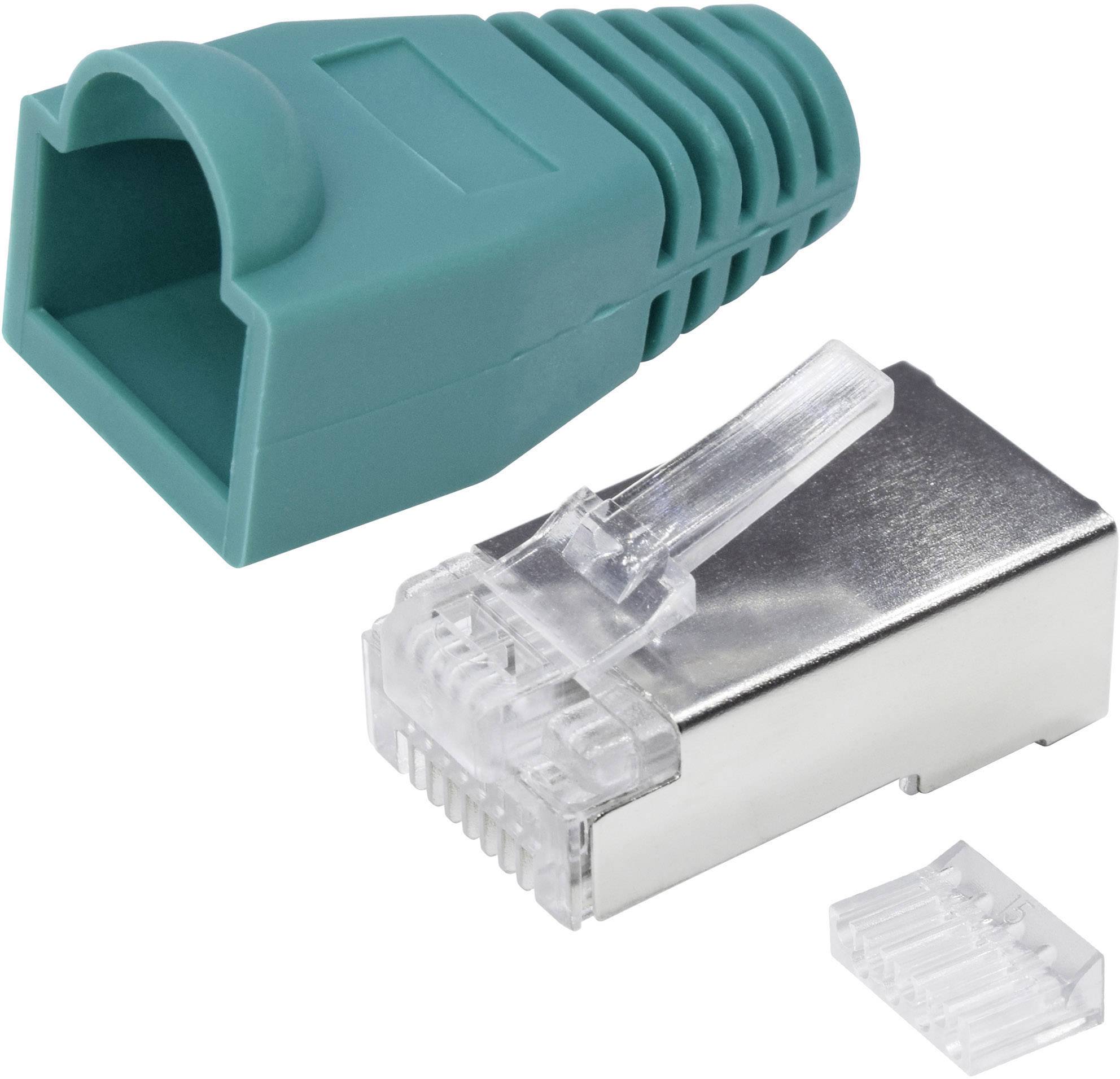 Connettori Ethernet e involucri in parti separate, pronti per il montaggio, in versione metallica e in plastica verde.