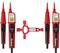 Due dispositivi elettrici di colore rosso per test con display digitale e una chiave di misurazione della tensione al centro. Il nome del marchio 'Benning' è visibile.