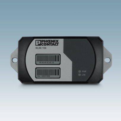 Un dispositivo WLAN del marchio Phoenix Contact con due indicatori di stato sul lato frontale, montabile mediante fori di fissaggio laterali.