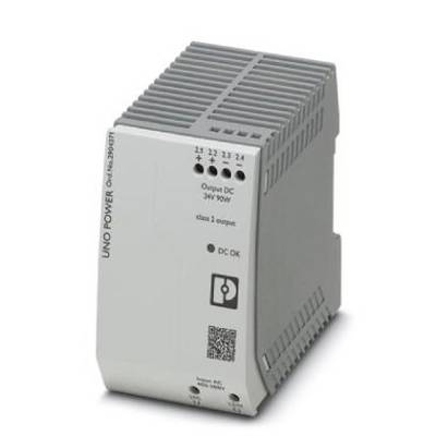 Un involucro grigio per alimentatore con la scritta 'UNO POWER'. Ha quattro connettori sulla parte superiore ed etichette che indicano l'uscita DC 24V 90W.