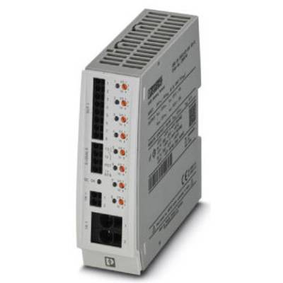 Un dispositivo grigio elettronico con diverse porte e pulsanti sul lato anteriore. Testo e simboli sulla superficie.