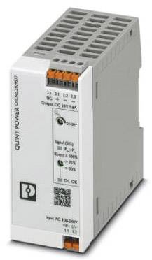 Alimentatore industriale con involucro grigio, nome prodotto 'QUINT POWER', indica tensione di ingresso AC 100-240V e uscita DC 24V 1.3A.