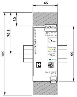 Un dispositivo elettrico denominato 'QUINT POWER', raffigurato con le relative dimensioni. Sono visibili spie indicatrici per segnali e dettagli relativi agli ingressi e alle uscite.