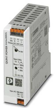Componente elettronica 'QUINT POWER', un alimentatore di Phoenix Contact, mostra gli ingressi e gli uscite a sinistra e le specifiche tecniche a destra.