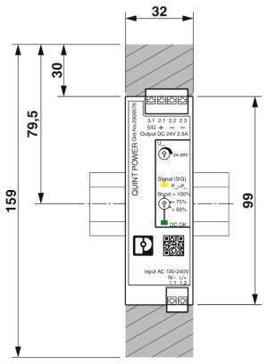 Un modulo di alimentazione switching con dimensioni 32 x 159 mm, ingresso AC 100-240V, uscita DC 24V 2,5A, montato in involucro.