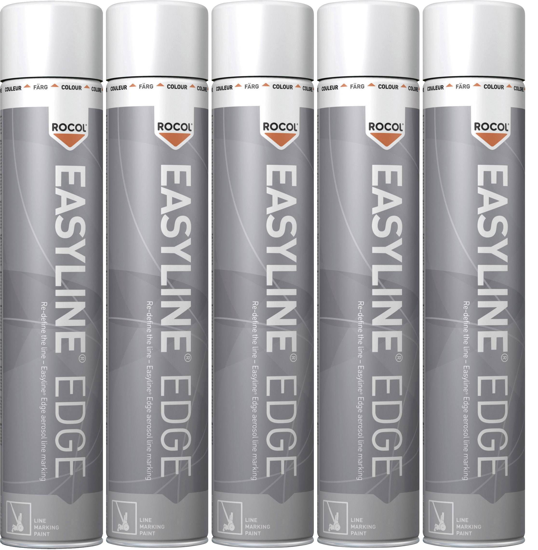 Una serie di cinque bombolette spray d'argento del marchio 'Rocol Easlyline Edge'. Sono allineate una accanto all'altra.