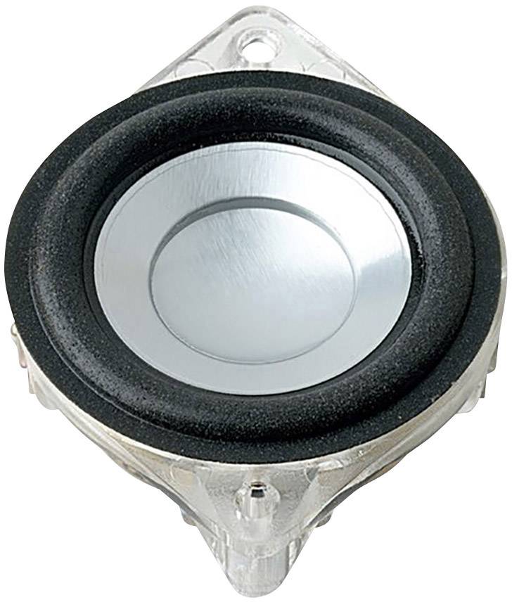 Altoparlante argentato con bordo nero in plastica, adatto ad applicazioni audio elettriche.
