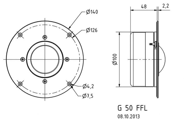 Disegno tecnico di un fissaggio circolare con dimensioni: diametro 140 mm e 126 mm. La vista laterale mostra un'altezza di 48 mm.