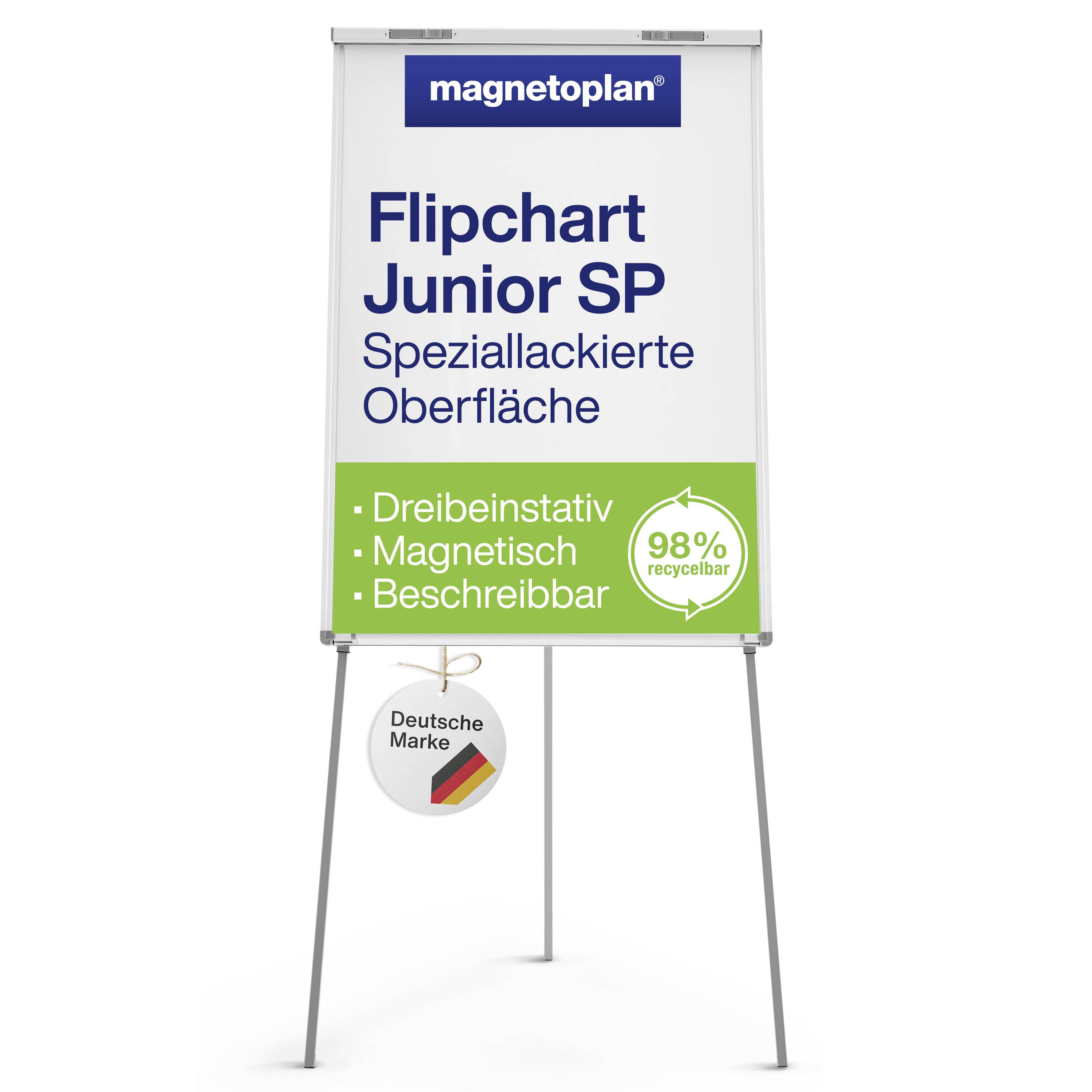 Lavagna a fogli mobili con scritta 'Flipchart Junior SP, Superficie speciale attiva, treppiede, magnetica, riciclabile al 98%'.