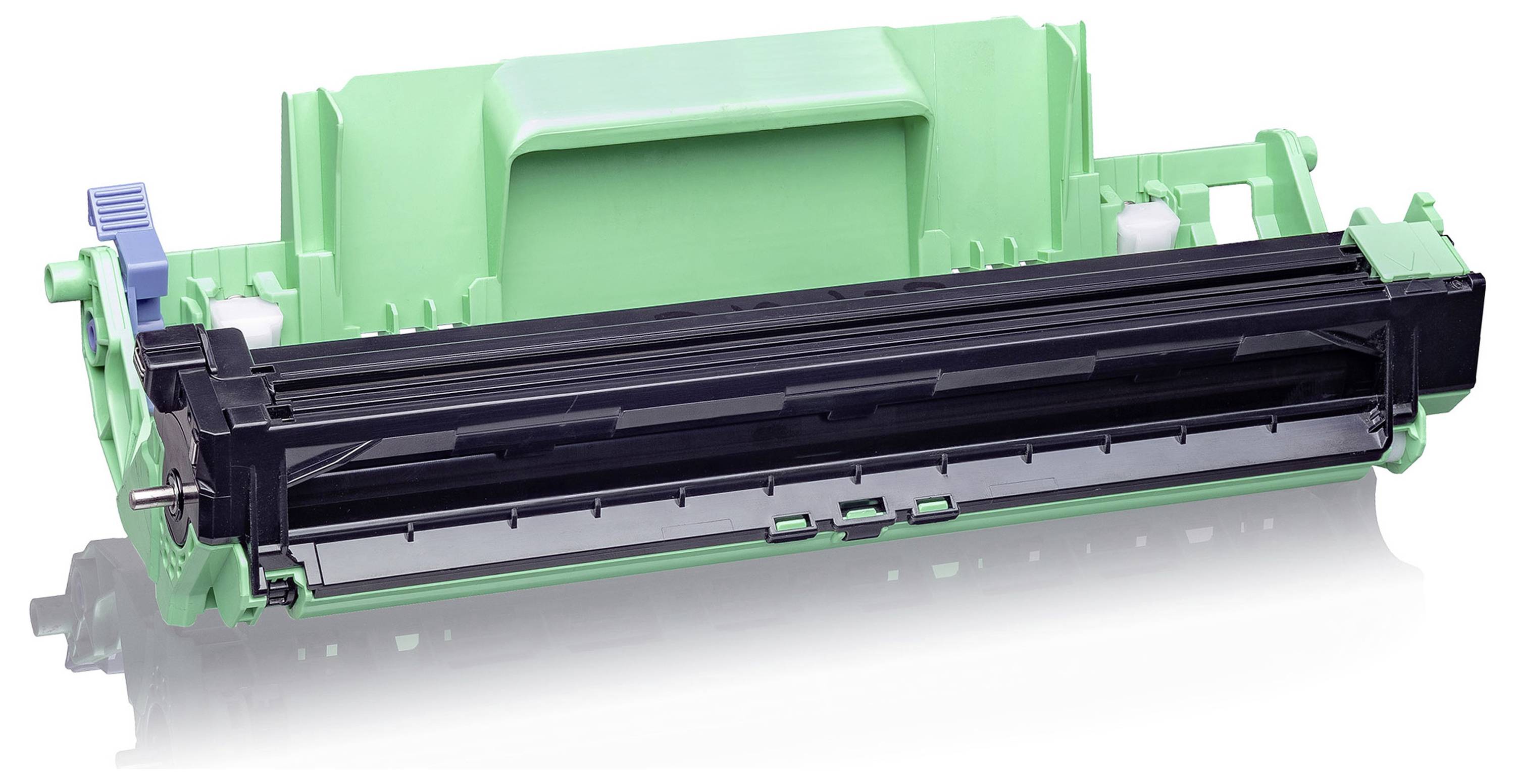 Cartuccia di toner per stampante verde e nera su sfondo bianco, mostrata in vista laterale.