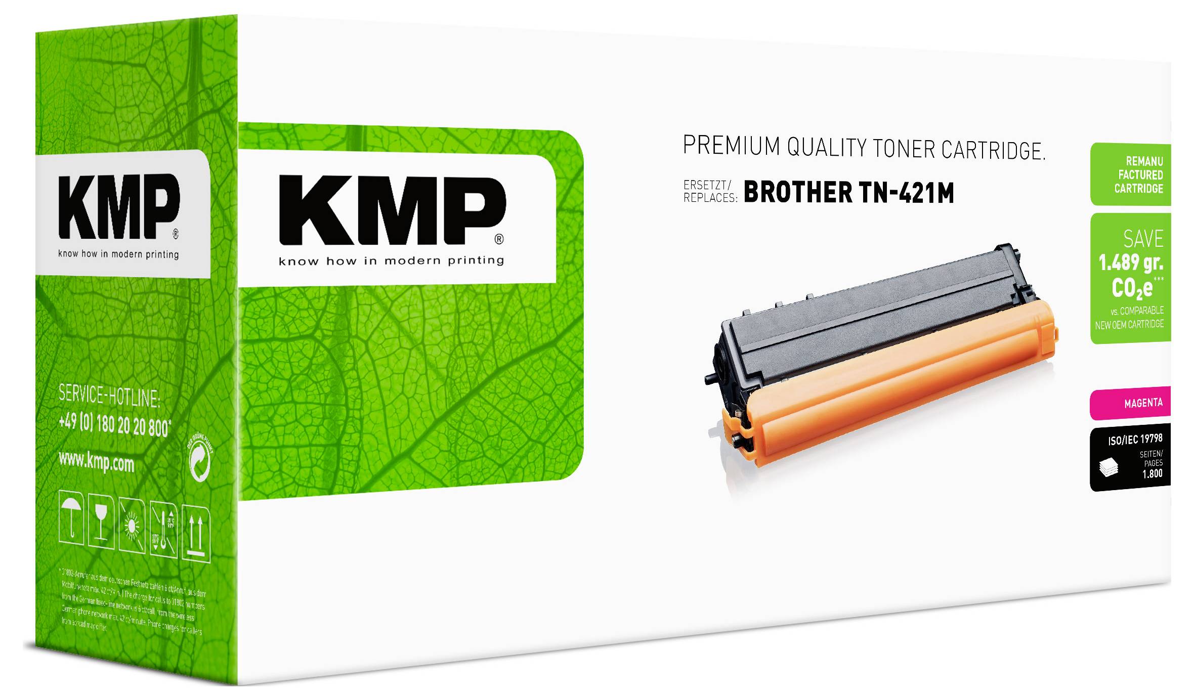 Confezione di cartuccia di toner KMP di qualità premium per Brother TN-421M, mostrata con una cartuccia arancione e nera su una scatola bianca con marchio verde ed etichette di risparmio prezzo.