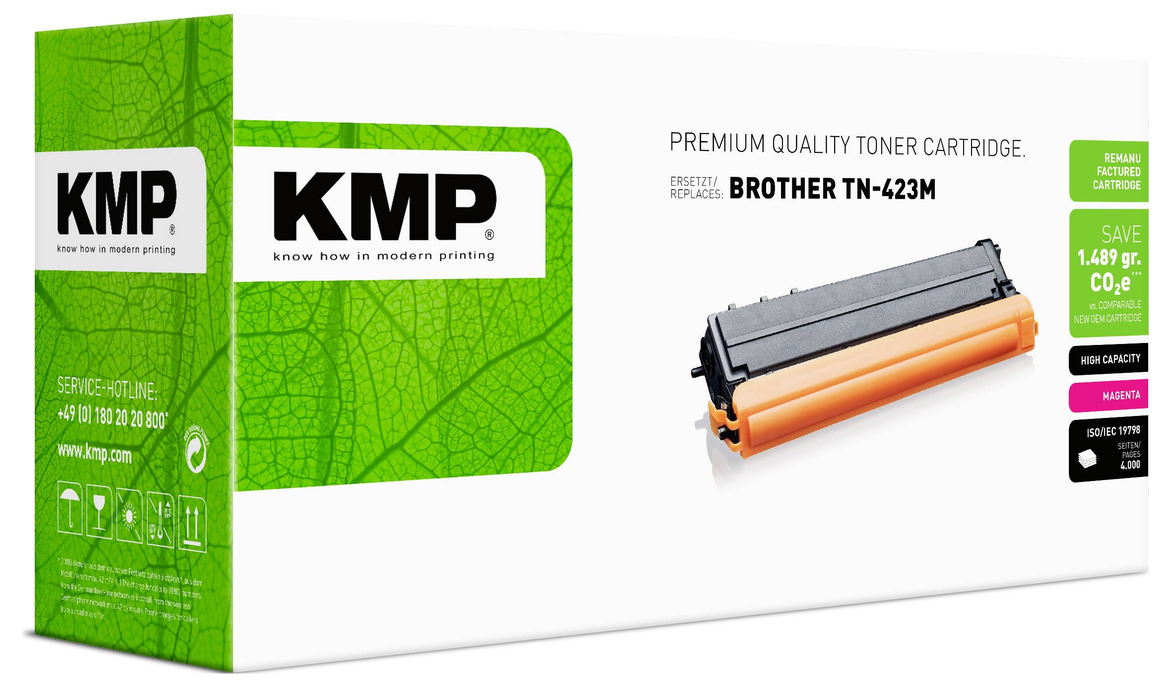 Scatola di cartuccia di toner KMP di qualità premium per Brother TN-423M, mostrata con cartuccia arancione e confezione verde.