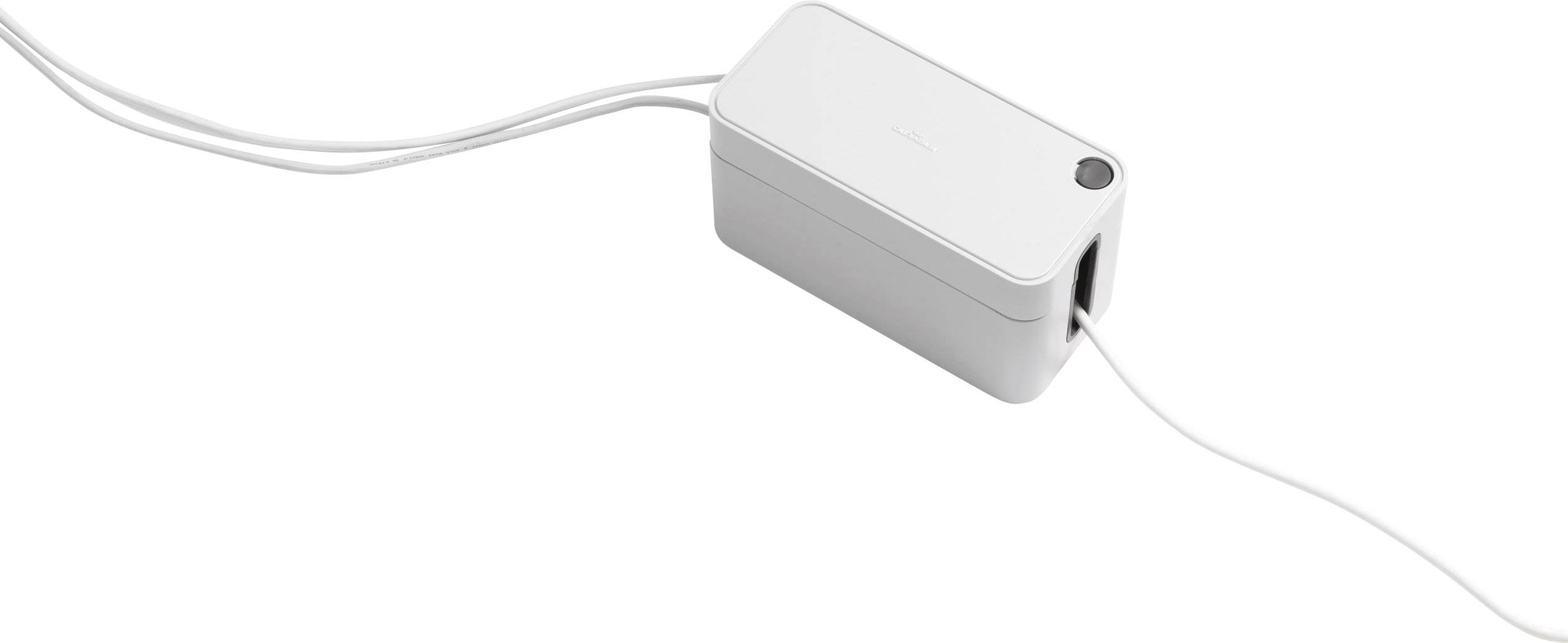 Organizzatore di cavi bianco con coperchio arrotondato, da cui fuoriescono due cavi per prevenire l'aggrovigliamento dei cavi.