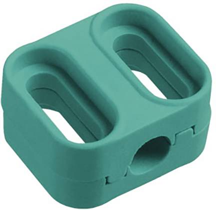 Un componente in plastica turchese con due incavi ovali e bordi arrotondati. Probabilmente un elemento meccanico o di connessione.