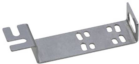 Supporto metallico con più scanalature e fori, idoneo al fissaggio di componenti su una superficie.
