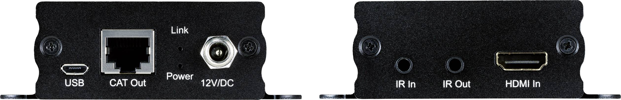 Vista posteriore di un dispositivo: a sinistra con connessioni USB, CAT Out e alimentazione; a destra con ingressi IR In, uscite IR Out e ingresso HDMI In.