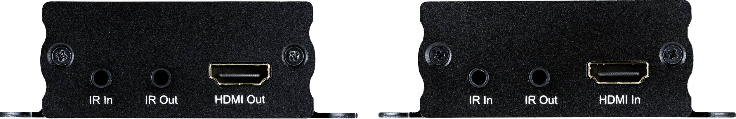 Due dispositivi neri con porte di connessione: a sinistra IR In, IR Out, HDMI Out; a destra IR In, IR Out, HDMI In.