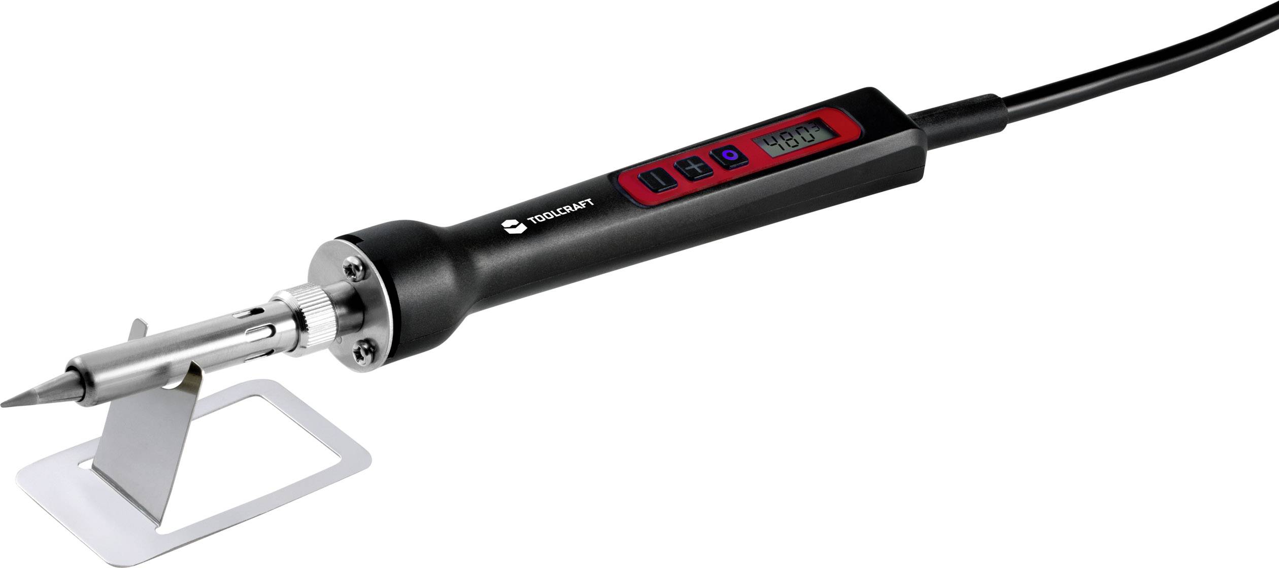 Saldatore elettrico con indicatore di temperatura, impugnatura nera con display digitale, posizionato su un supporto metallico.