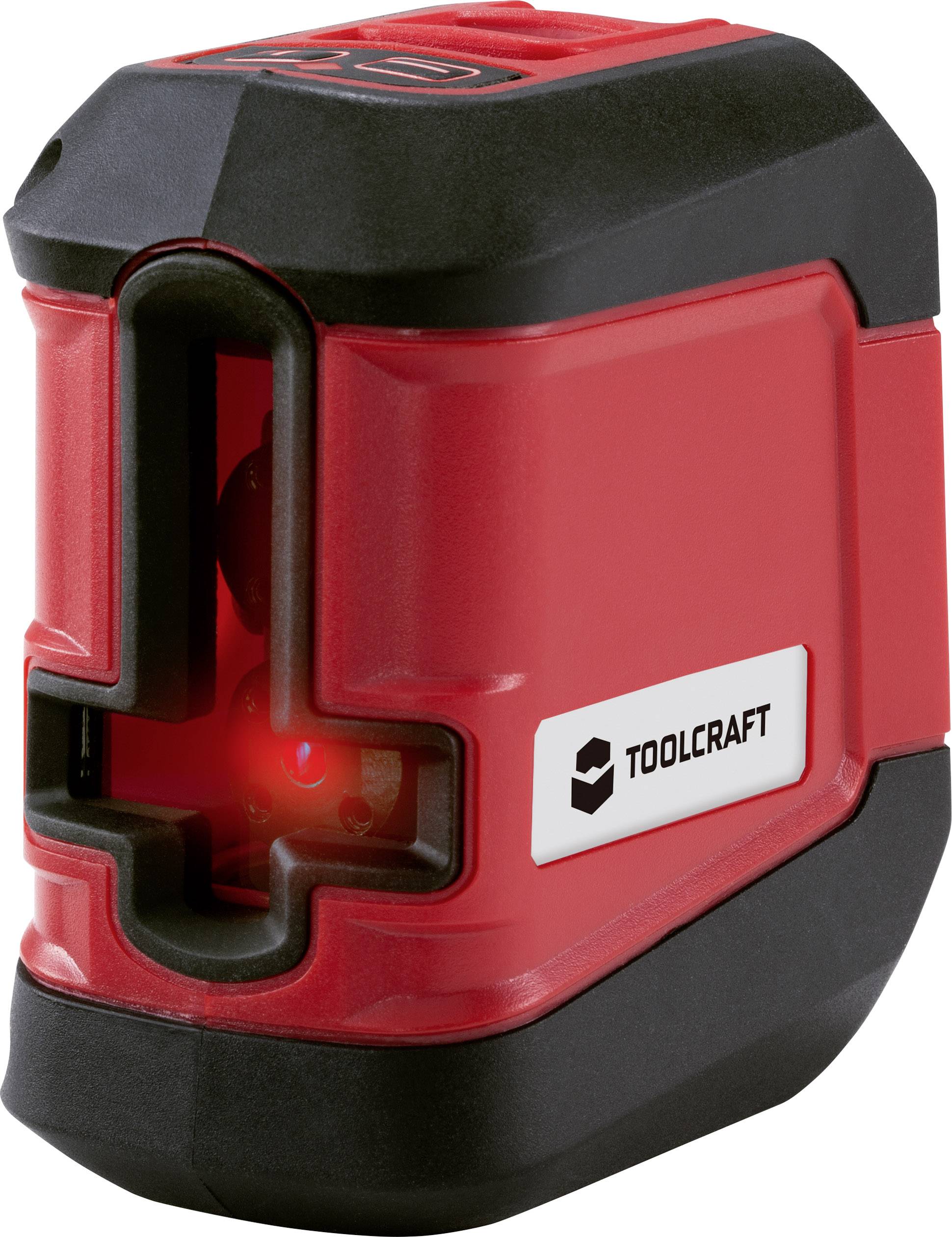 Un livellatore laser rosso e rettangolare con una spia di indicazione anteriore. Contrassegnato con l'etichetta 'TOOLCRAFT'.