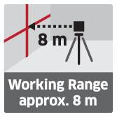 Un pittogramma mostra un treppiede con la scritta 'Area di lavoro ca. 8 m'. È visibile una proiezione lineare blu.