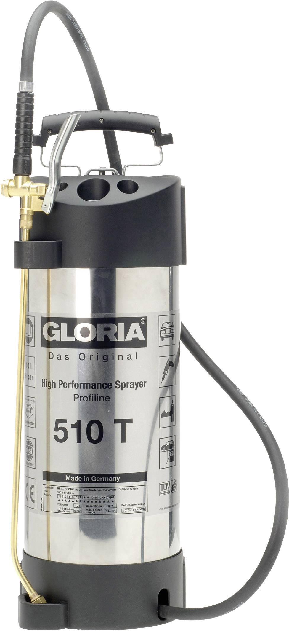 Spruzzatore ad alta prestazione Gloria, modello 510 T, in acciaio inossidabile con manometro, adatto per applicazioni professionali.