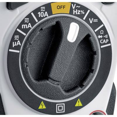Multimetro con selettore rotativo e diverse opzioni di misurazione come tensione, corrente e capacità. Selettore posizionato su 'OFF'.