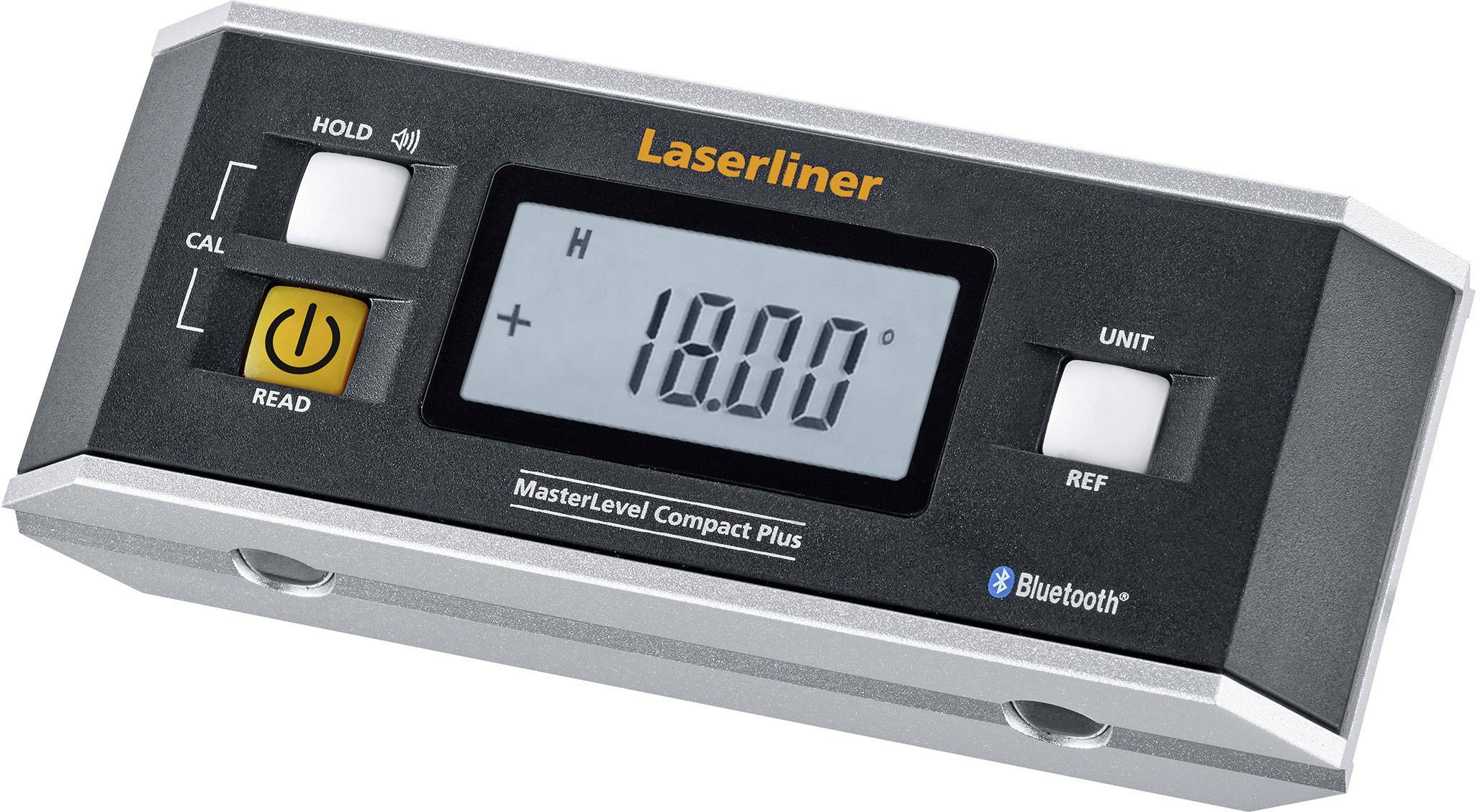 'Laserliner MasterLevel Compact Plus' con display digitale, indica '18.00°'. Tasti per calibrazione, unità e salvataggio visibili.