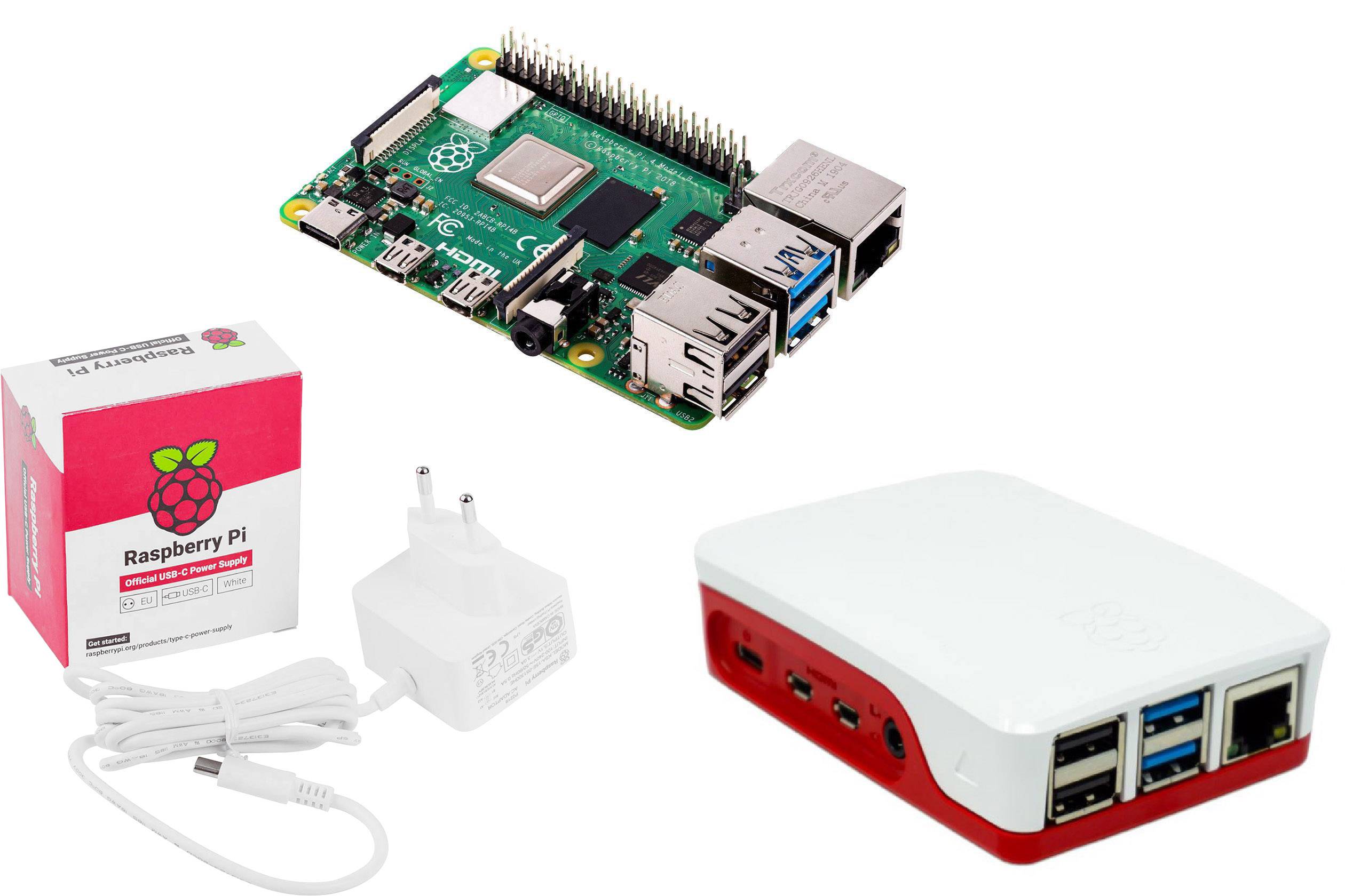 Un microcomputer Raspberry Pi con accessori: alimentatore, cavo USB, custodia; fotografato dall'alto.