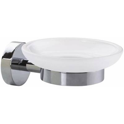 Una portasapone bianca in vetro con supporto cromato per il montaggio a parete. Ideale per un design bagno moderno.