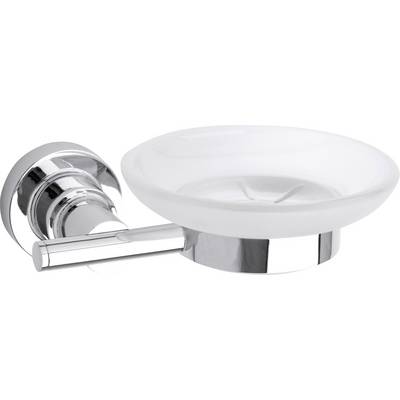 Portasapone in vetro opaco con supporto color cromo, montato a parete. Ideale per l'arredamento bagno moderno.