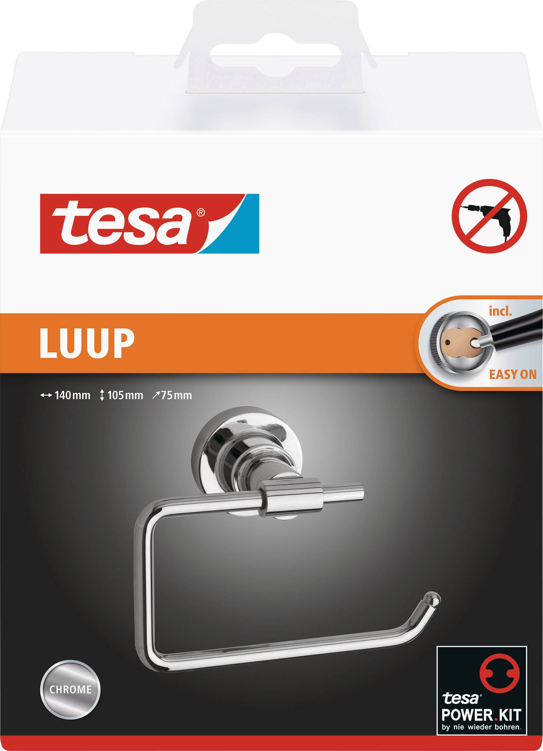 Confezione di un portarotolo cromato Tesa, modello 'Luup'. Installazione possibile senza foratura, montaggio semplice.