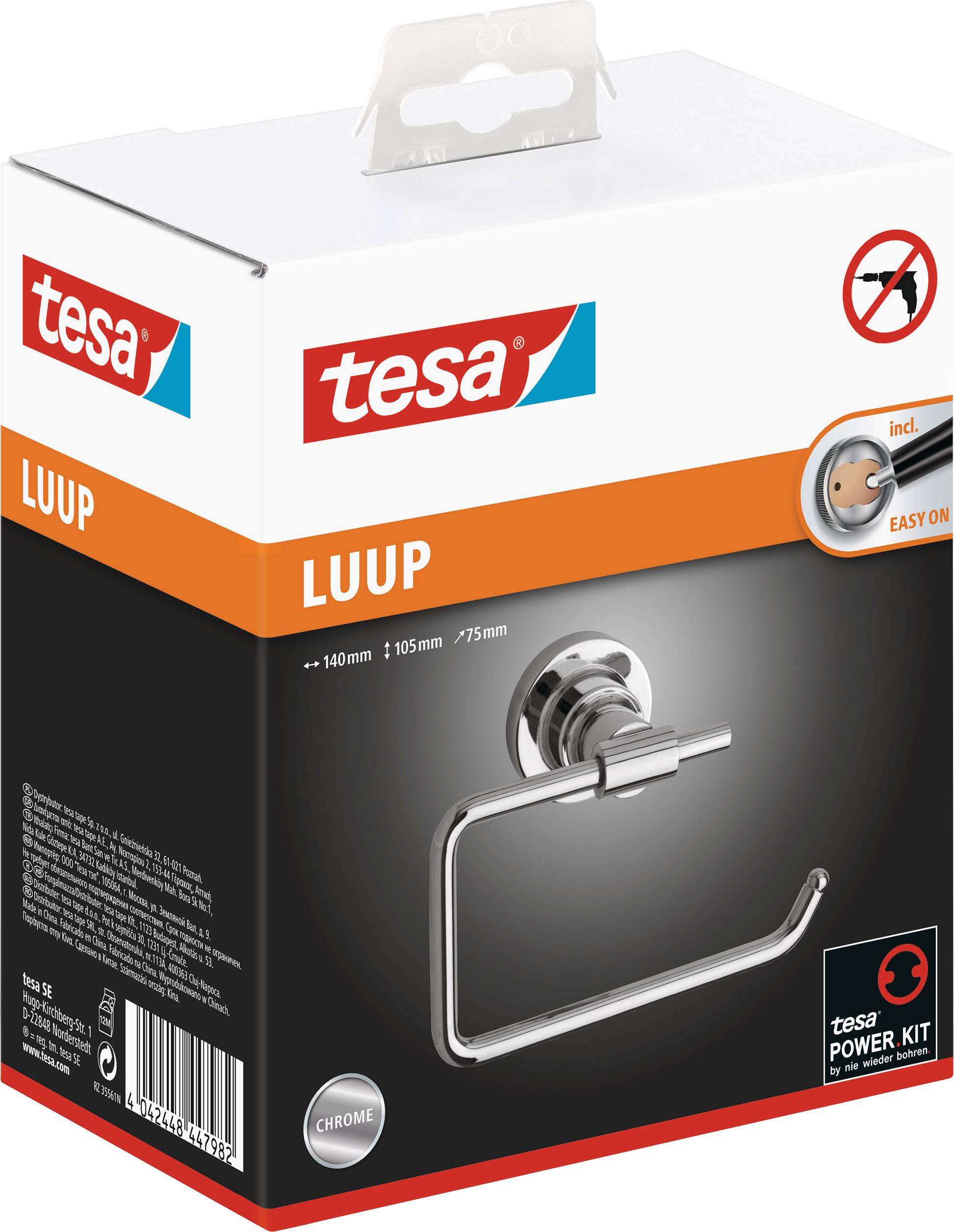 Confezione del portasciugamani Tesa LUUP in cromo con semplice istruzioni di montaggio 'Easy On'. Include 3 anni di garanzia.