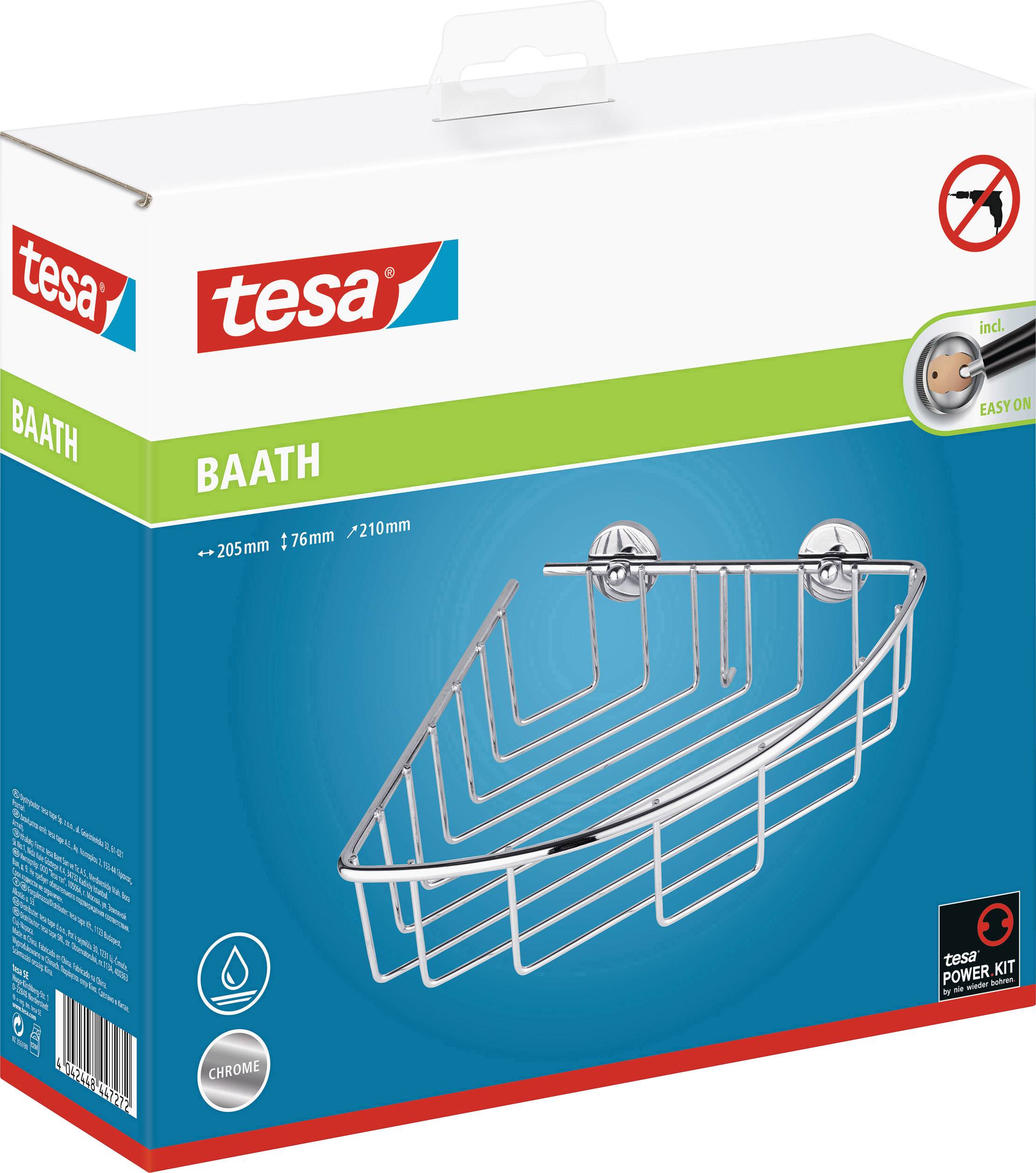 Mensola angolare per doccia in cromo nella confezione, marca Tesa, installazione senza fori grazie al Power-Kit, adatta per bagni senza forare.