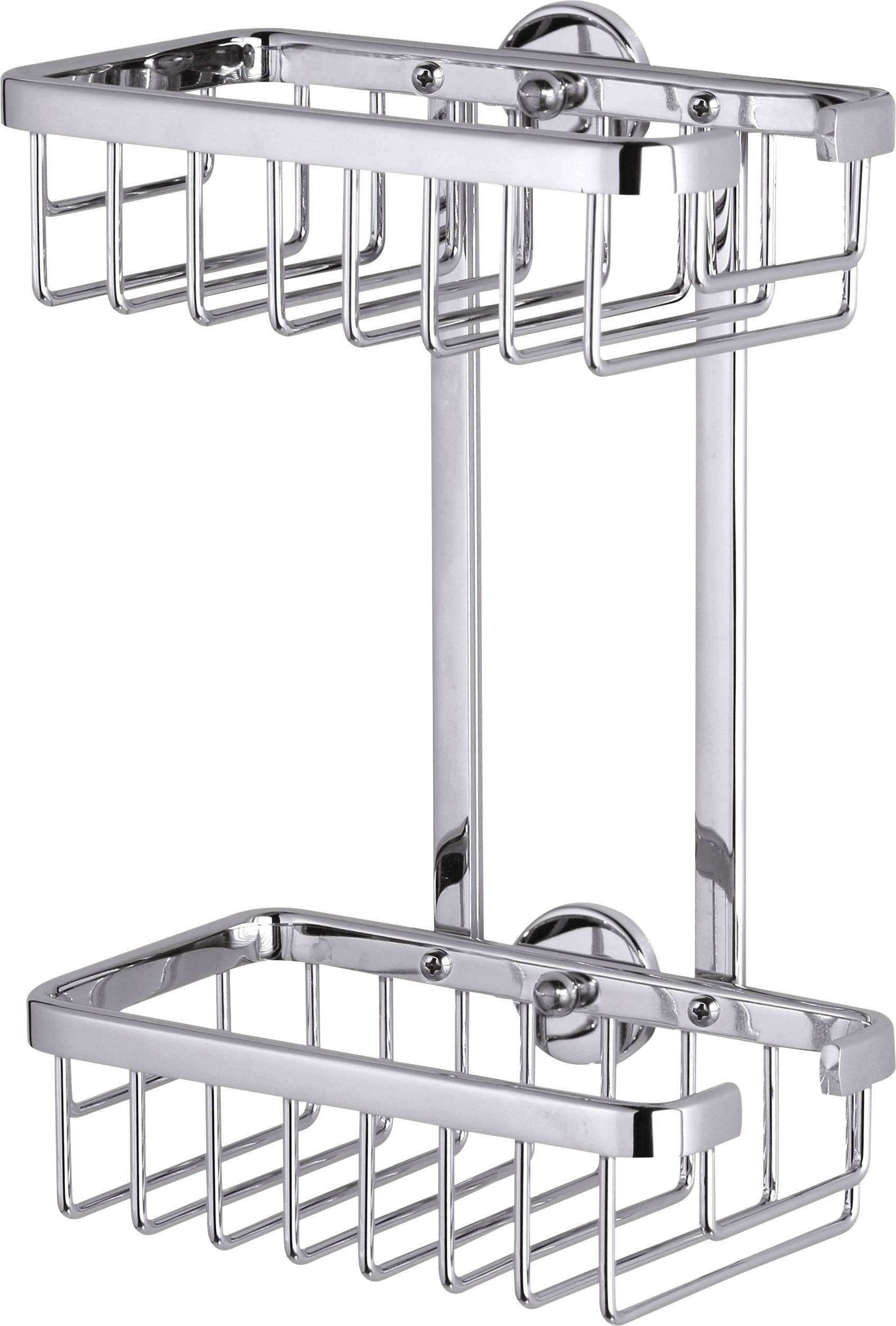 Portaoggetti per doccia cromato a due ripiani. Cestelli rettangolari in filo metallico per conservare articoli da bagno. Installazione a parete.