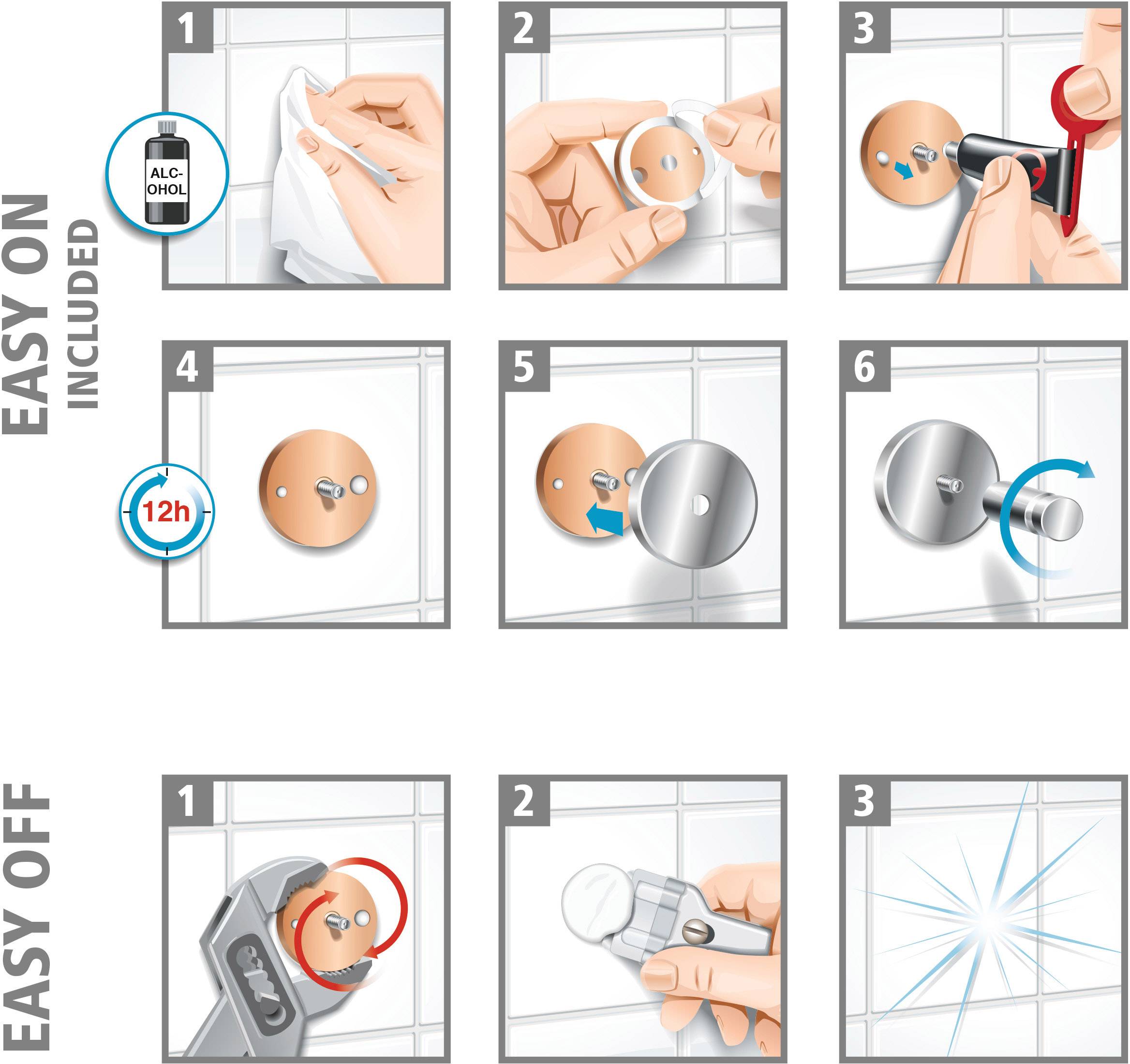 Istruzioni per l'installazione di un gancio rotondo su piastrelle e la sua facile rimozione: Passaggi 1-6 in immagini con simboli esplicativi.