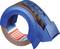 Dispenser per nastro adesivo con involucro blu, al cui interno sono visibili nastro adesivo marrone ed etichette rosse.