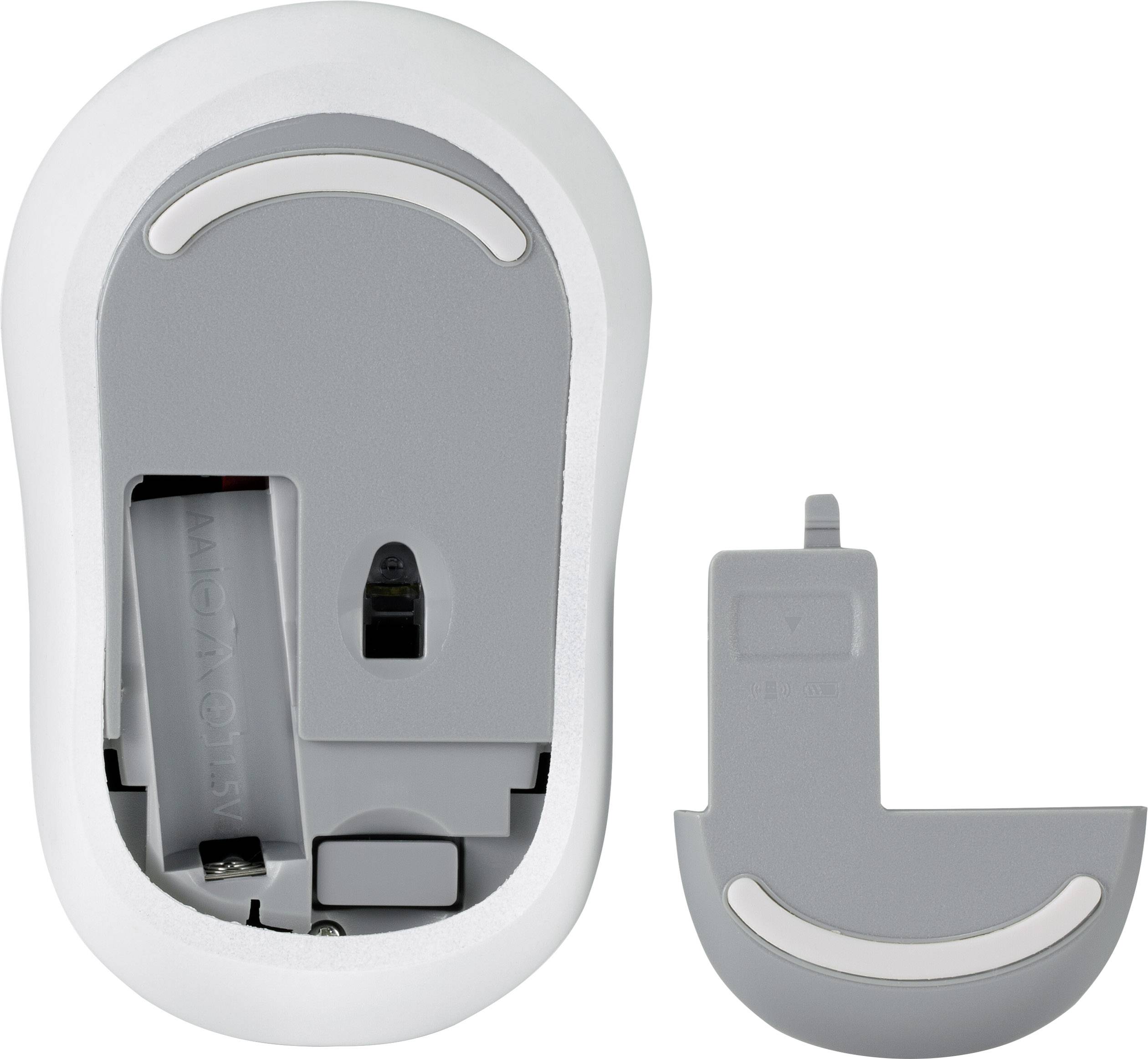 Retro di un mouse bianco con il coperchio grigio del vano batterie rimosso. Vano batterie e tasto di connessione visibili.