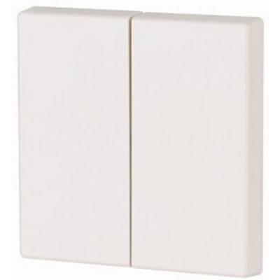 Un interruttore rettangolare doppio di colore bianco, in posizione di spento, montato su una parete.