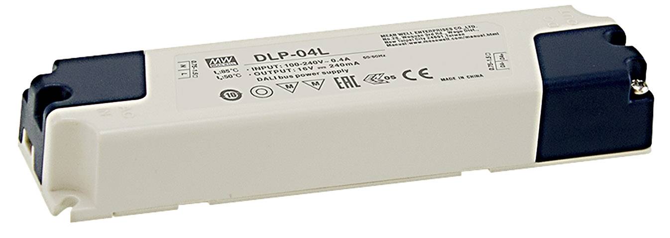 Dispositivo tecnico rettangolare bianco e nero con stampa 'DLP-04L' al centro. Utilizzato per l'alimentazione elettrica o il controllo.